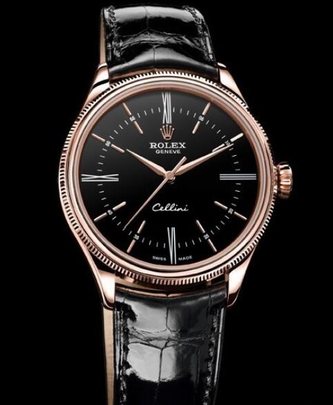 Rolex Cellini Watch Replica Cellini Time 50505 Everose gold - Black Dial - Alligator Strap
